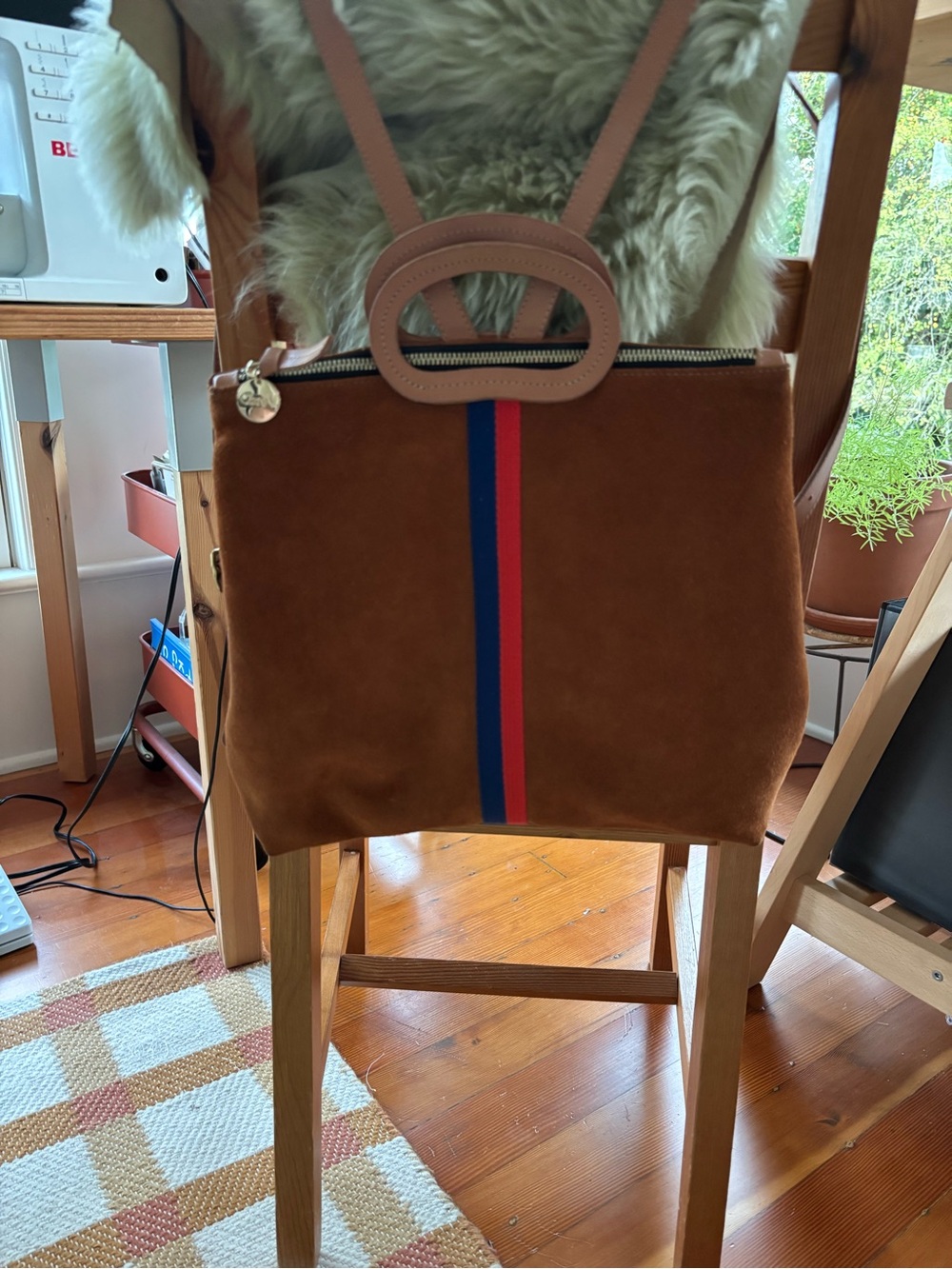 Suede Brown Women's Backpack with Red & Blue Stripe